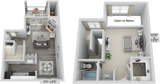 two bedroom floor plans with one bedroom and one bathroom at The  Biltmore