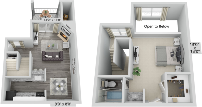 two bedroom floor plans with one bedroom and one bathroom at The  Biltmore