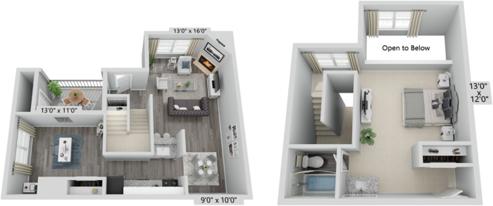 two floor plans of a two bedroom apartment at The  Biltmore